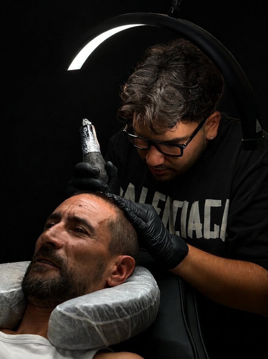 Jordi realizando un tratamiento de micropigmentación capilar en su estudio
